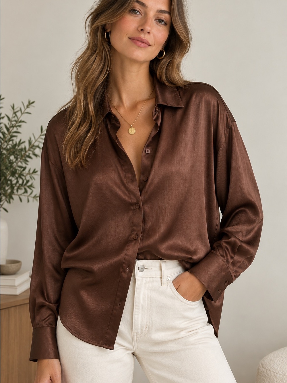 Miss Love Chocolate Brown Satin Button Down Blouse Size S